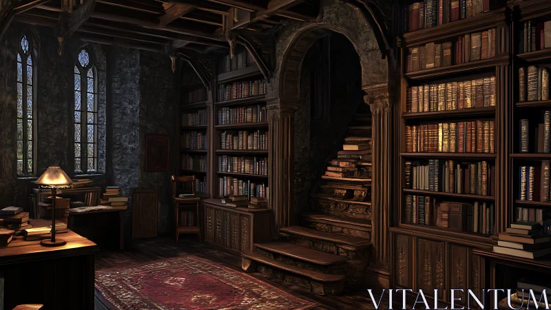 Whispering staircase in a lamplit, book-burdened sanctum.