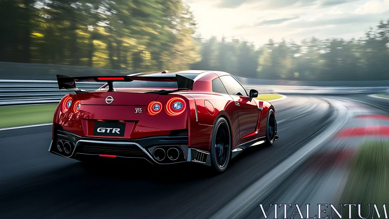 Red Nissan GT-R powers through fast racetrack corner at speed.