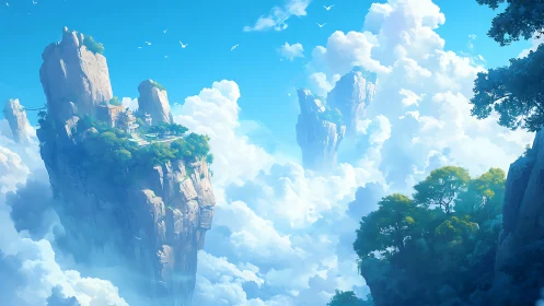 Floating sky temples rise above clouds in serene sunlight