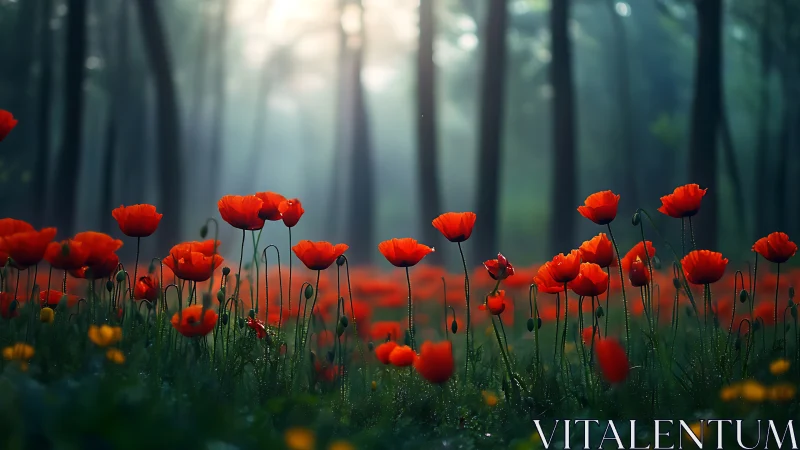 Red Poppies in Misty Forest Clearing.