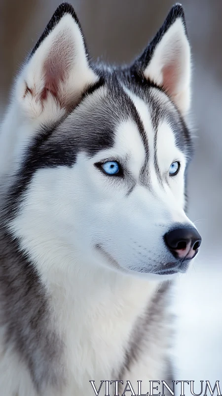 Bright blue eyed husky gazes calmly across a snowy day