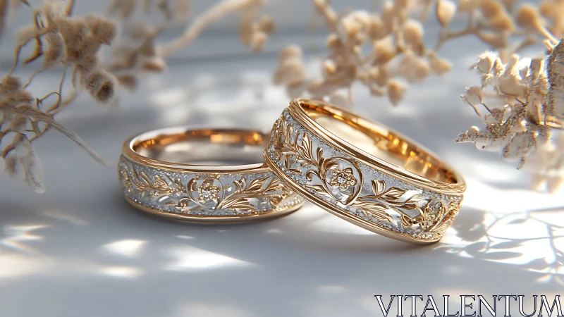 Ornate gold wedding bands with floral filigree and diamonds.