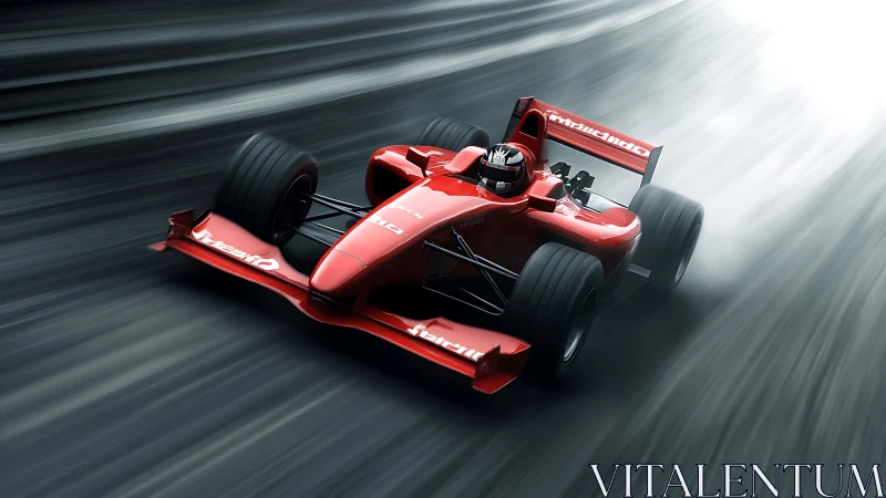 Red formula race car speeding on blurred asphalt track.