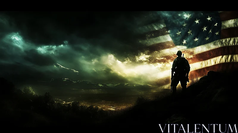 Silhouetted soldier overlooks valley under dramatic US flag.