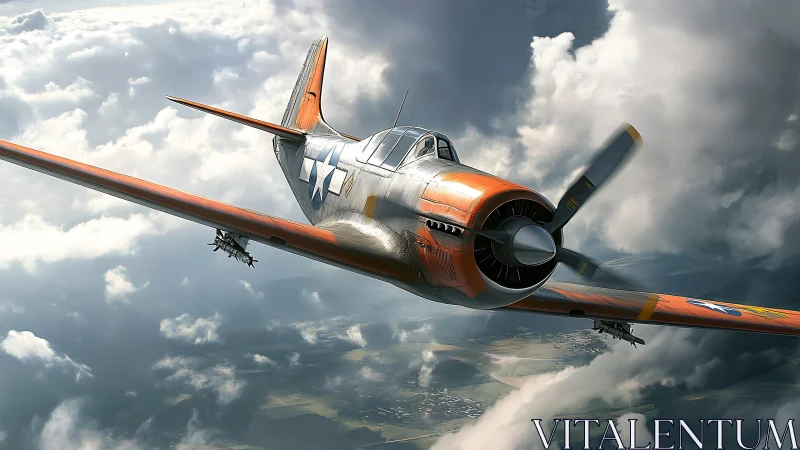 WWII fighter plane cuts through dense storm clouds at speed