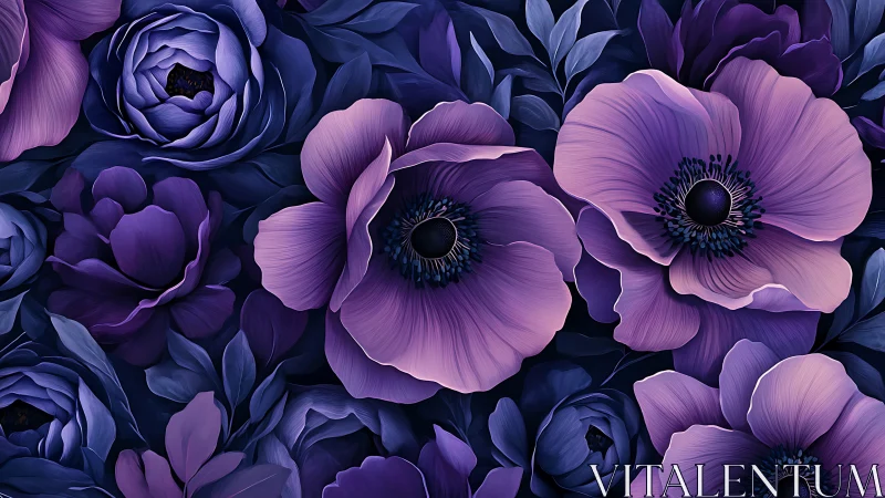 Purple anemone flowers with layered petals in digital botanical illustration