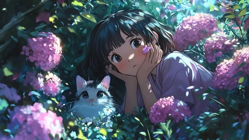 Girl rests among hydrangeas beside cat in dappled light