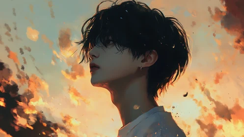 Melancholic profile of youth against burning sky clouds.