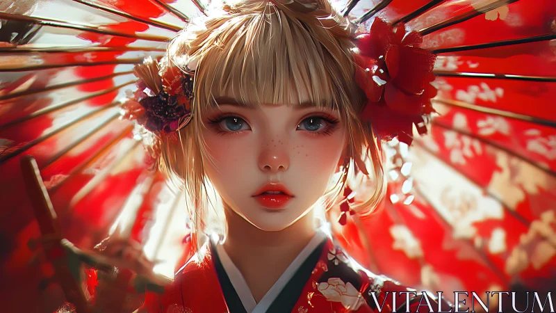 Soft daylight on a parasol girl in red kimono calm gaze.