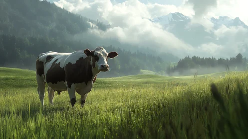 Brown and white cow standing in sunlit alpine meadow.