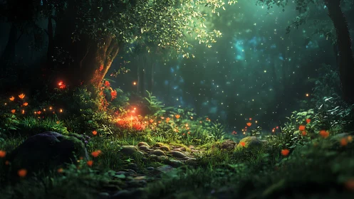 Enchanted Forest Path Glowing with Magical Luminescence.