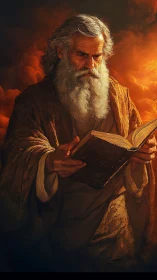 Elderly sage studies ancient tome in fiery golden light.