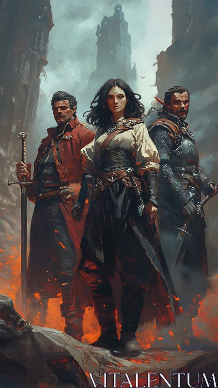 Three battle-scarred adventurers confront ruins in flame