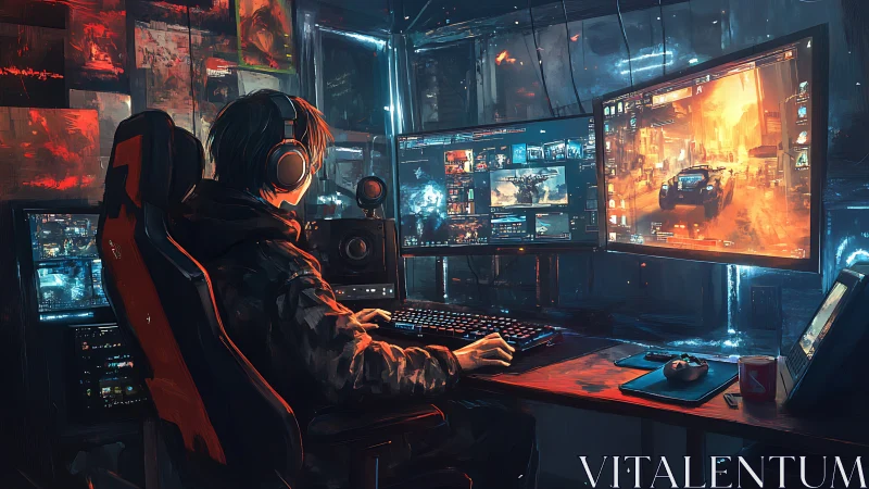 Night gamer commands neon-lit battlestation in digital den