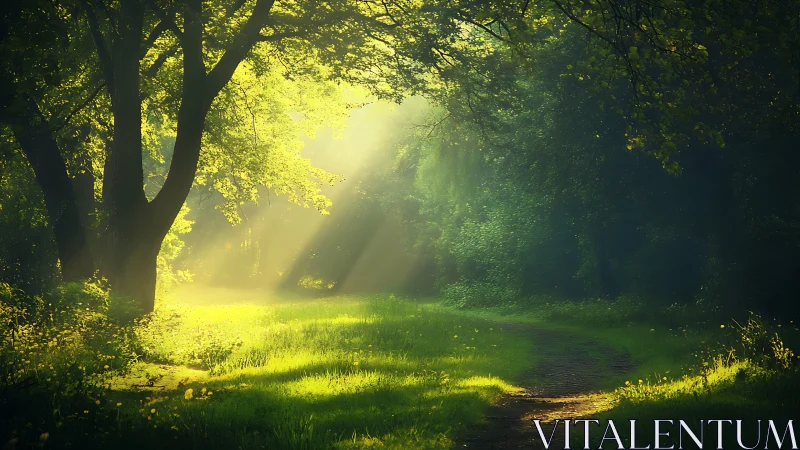 Sunlit Forest Path with Lush Greenery in Peaceful Morning Light.