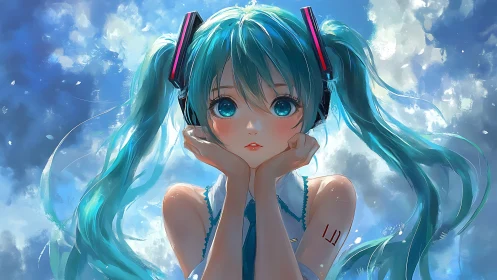 Digital portrait of teal haired girl with headphones outdoors.