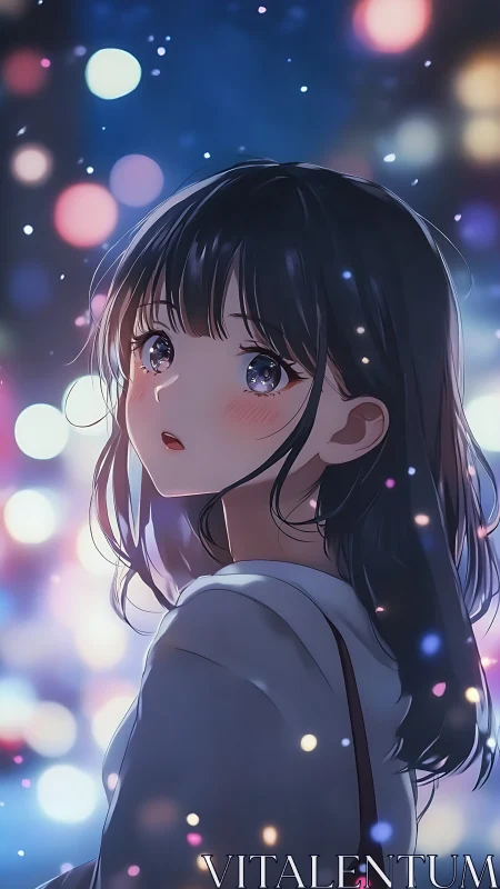 Anime girl under night city lights with soft bokeh glow.