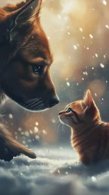A Dog and Kitten Share a Tender Winter Moment.