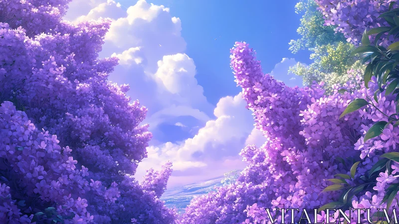 Lavender lilac canopy framing luminous cumulus sky portal