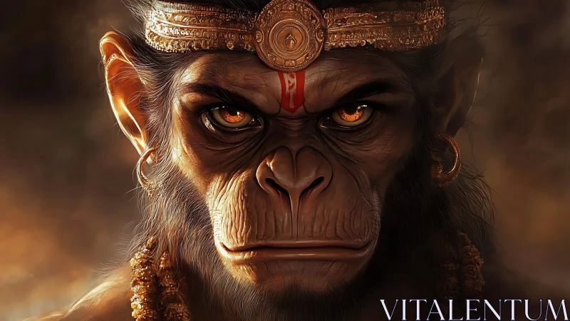 Regal monkey warrior gazes ahead with fierce golden eyes