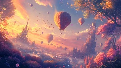 Hot air balloons over stylized fantasy valley at sunset.