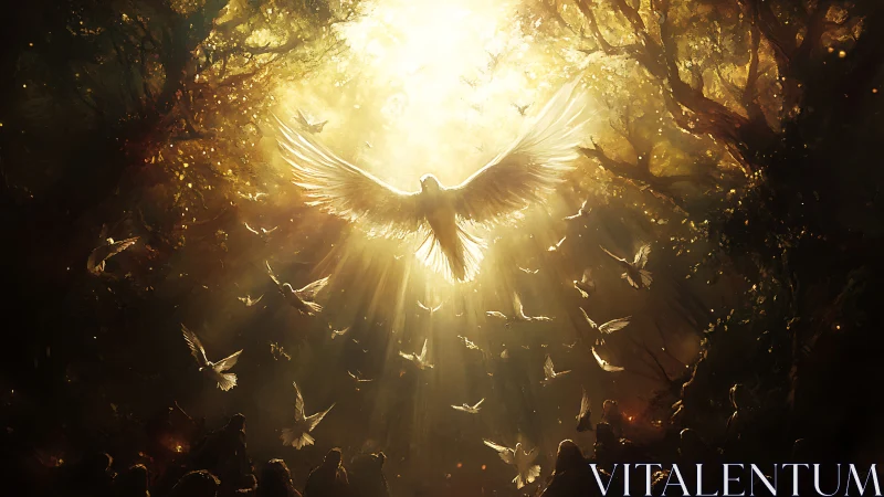 Majestic Angelic Figure Ascends Amid Radiant Light in Fantasy Forest.