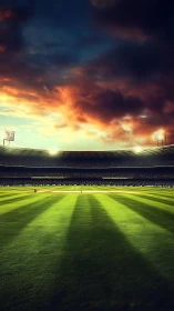 Floodlit cricket stadium under vivid storm-lit sunset sky.