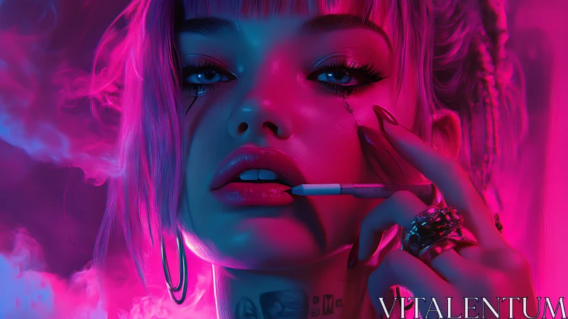 Neon-soaked cyberpunk portrait of smoking futuristic rebel.