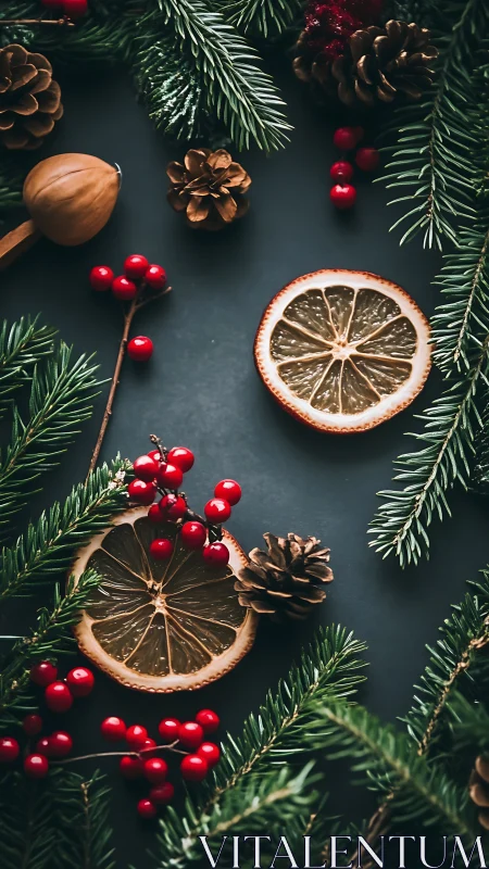 Holiday greenery, dried citrus and pinecones on dark table.