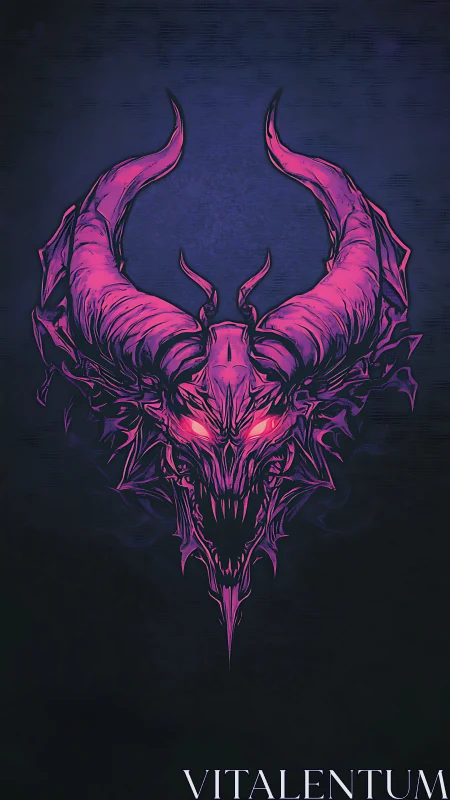 Horned demonic skull illustration with glowing pink eyes.