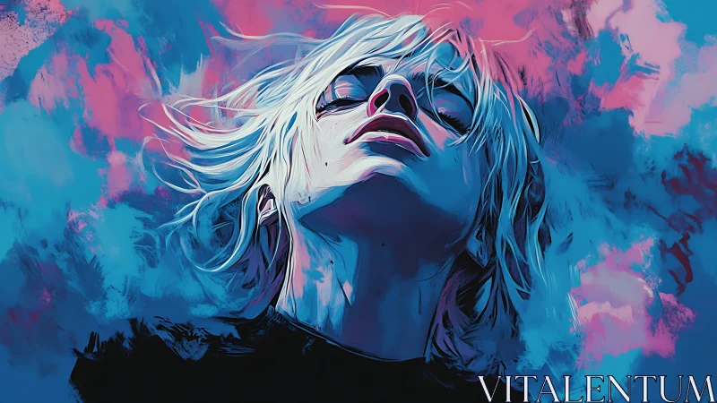 Chromatic portrait of upturned face with dynamic blue-pink lighting