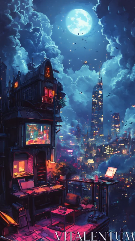Cyberpunk rooftop studio under luminous lunar skyline.