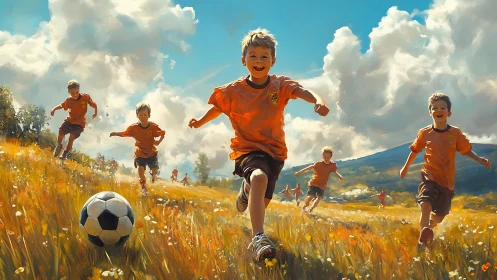 Children playing soccer in sunlit meadow with distant hills.