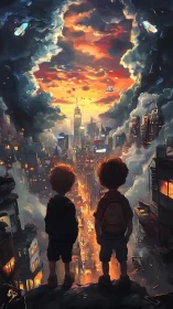 Two boys observe glowing cityscape under turbulent sky