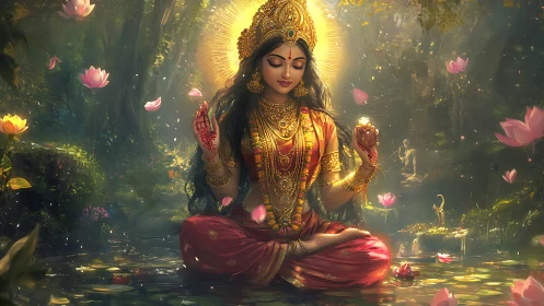 Golden goddess in lotus pond amid radiant forest aura.