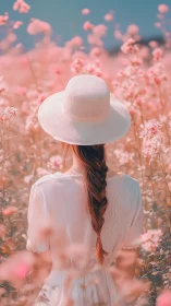 Woman in white dress among soft pink wildflower meadow.