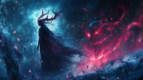 Shadowed sorcerer confronts blazing demon in a cosmic storm.