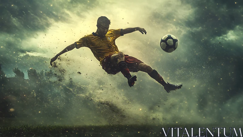 Stormlit soccer kick frozen in a sky full of sparks.