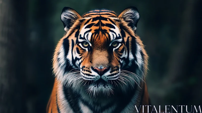 Majestic tiger portrait with cinematic low key forest bokeh.
