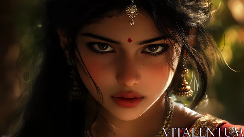 Fierce gaze of a jeweled woman in molten golden twilight.