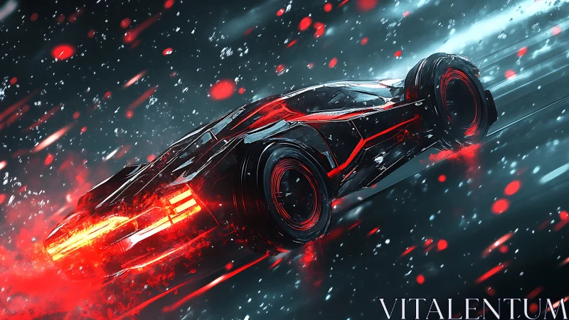 Cyberpunk hypercar in dynamic neon red motion blur storm