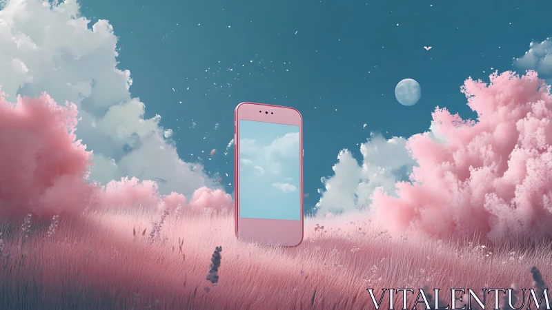 Surreal digital meadow with pink smartphone portal centerpiece.