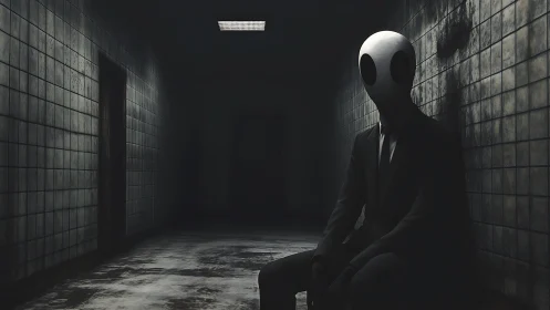 Humanoid figure with white mask sits in dim tiled hallway