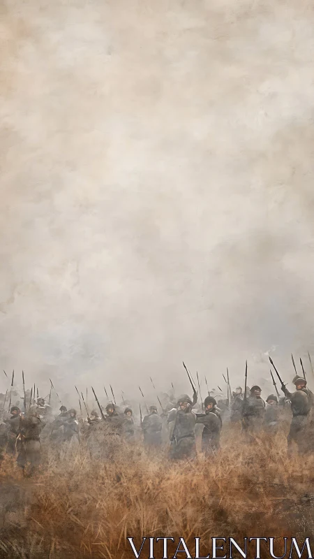 Infantry line advancing through smoke on misty battlefield.