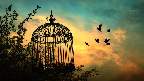 Empty birdcage silhouette with flying birds at sunset sky