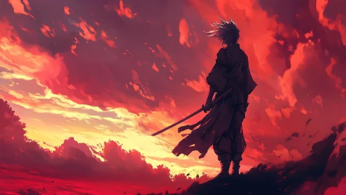 Lone samurai gazes into a blazing red and gold sky at dusk