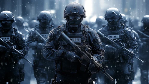Heavily armed tactical police unit advancing in rain.