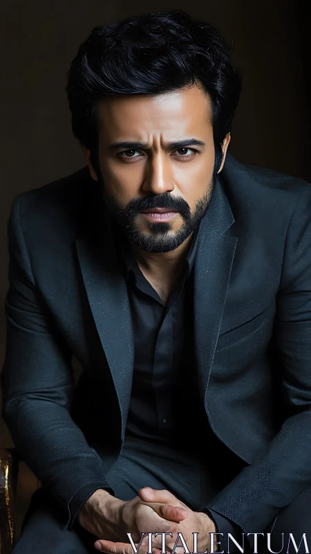 Intense bearded man in charcoal suit under moody light.