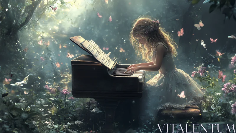 Young girl plays enchanted piano amid glowing forest light.