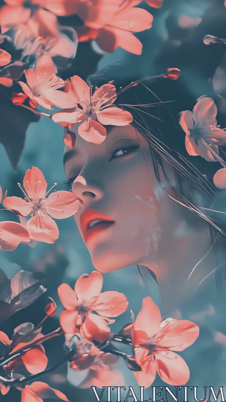 Soft-focus portrait merges ethereal face with cyan-orange flora